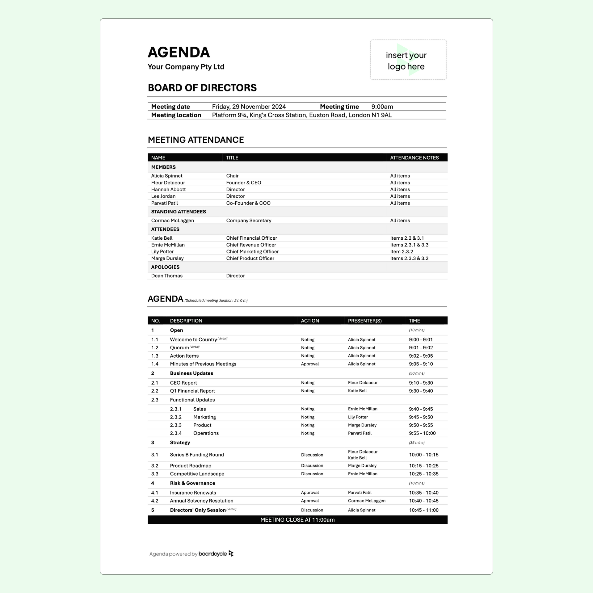 Boardcycle Board Agenda Template Example Free Download